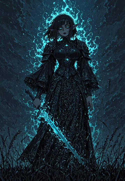 Une illustration complète représentant une elfe noire, aux cheveux noirs et aux yeux bleus lumineux, debout dans un champ, la nuit. Elle porte une armure noire ornée et une longue robe, et tient une grande épée qui émet une aura magique bleu vif.