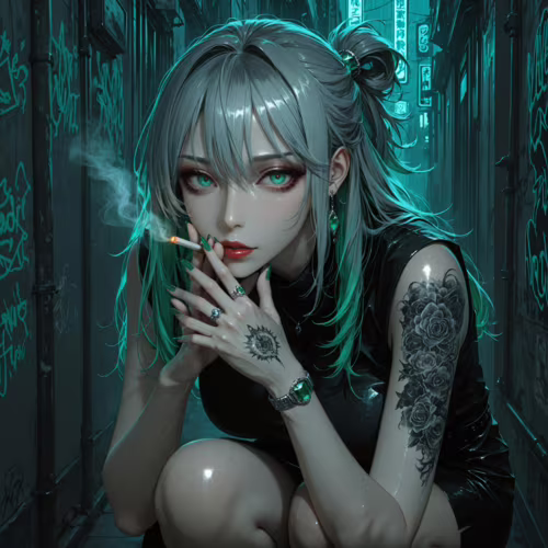 Une illustration de style manga représentant une jeune femme aux cheveux gris, avec des mèches vertes et des yeux vert vif. Elle est accroupie dans une ruelle sombre, éclairée par des néons, et fume une cigarette tout en regardant directement l’objectif de la caméra. Elle a un grand tatouage de rose sur le bras.