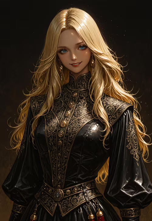 Une peinture numérique représentant une jeune femme à partir de la taille, avec de longs cheveux blonds ondulés et des yeux bleus, qui sourit doucement. Elle porte une robe fantastique noire et dorée très détaillée, avec un col montant, sur un fond sombre.