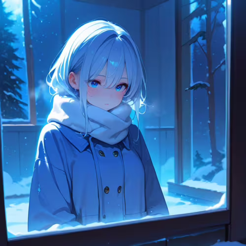 Une jeune fille issue d’un dessin animé, avec des cheveux bleu clair et une écharpe blanche, regarde par la fenêtre un paysage nocturne enneigé. Elle porte un manteau bleu, et l’ensemble de l’image est baigné d’une lumière froide et bleutée.
