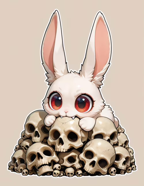 Un adorable lapin blanc, dessiné dans un style « chibi », avec de grands yeux rouges et des crocs, qui mord un crâne humain tout en étant assis sur un grand tas d’autres crânes.