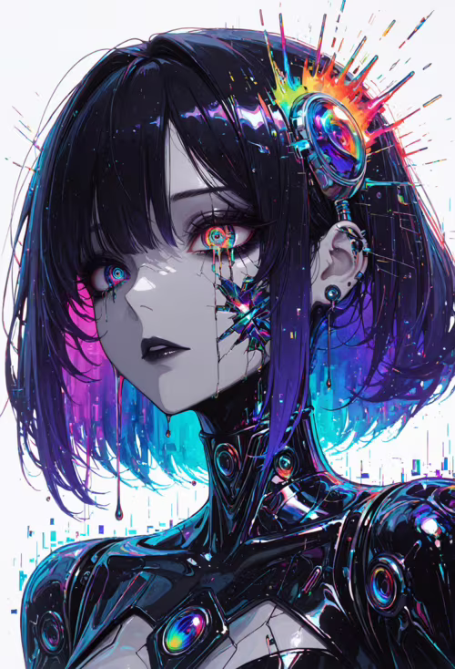 Un portrait en gros plan d’une jeune fille androïde de style manga, avec de courts cheveux noirs et violets. Elle a des yeux multicolores et lumineux, avec des larmes noires, une sorte d’effet numérique coloré sur la joue, et porte une combinaison cybernétique noire ainsi qu’un casque coloré, le tout sur un fond blanc.