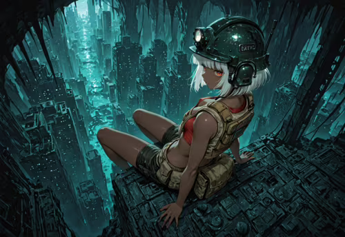 Une illustration de style manga représentant une jeune femme à la peau foncée et aux cheveux courts et blancs, portant un casque de mineur et un gilet utilitaire. Elle est assise sur le bord d’une structure en ruine, et observe une vaste ville souterraine, avec une eau turquoise scintillante qui coule dans ses canyons.