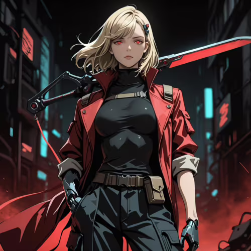 Une illustration de style manga représentant une jeune femme aux cheveux blonds, aux yeux rouges et aux bras cybernétiques, se tenant dans une ville futuriste de nuit. Elle porte un manteau rouge et un équipement tactique noir, et tient une épée rouge lumineuse sur son épaule.