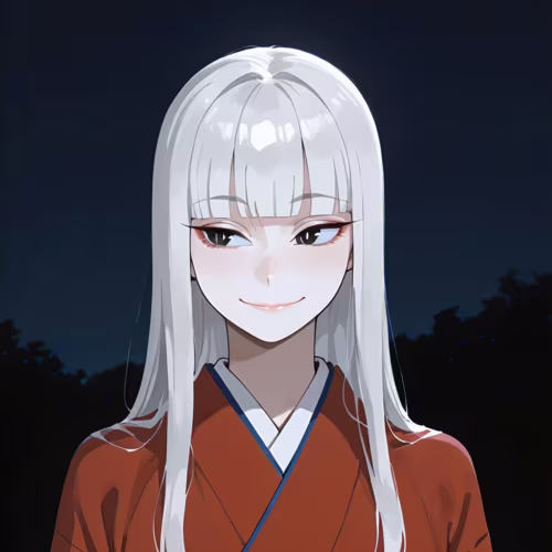 Un portrait en buste d’un personnage d’anime, avec de longs cheveux blancs et une frange épaisse, portant un kimono rouge et affichant un sourire énigmatique sur fond de nuit sombre.