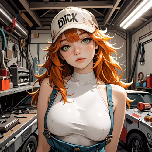 Une illustration de style manga représentant une jeune femme aux longs cheveux roux, aux yeux verts et aux taches de rousseur, vêtue d’un haut blanc, d’une salopette bleue et d’une casquette, se tenant dans un atelier de mécanique automobile en désordre.