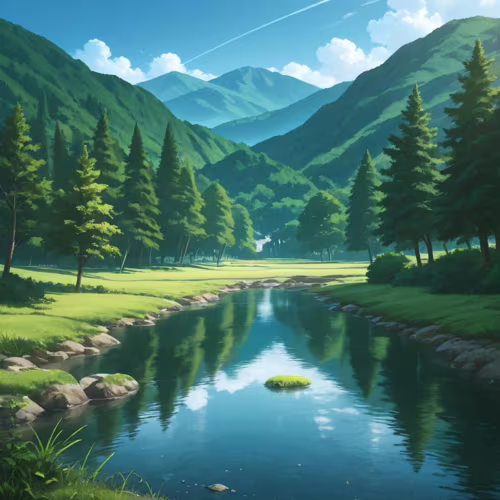 Un paysage de style animé représentant une rivière claire et paisible qui serpente à travers une vallée verdoyante, parsemée d’herbe luxuriante, de pins et de montagnes douces, le tout sous un ciel bleu.