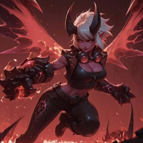 Une illustration numérique de Demon Vi, personnage du jeu League of Legends : une puissante jeune femme-démon aux cheveux blancs, à la peau rose, aux grandes cornes et aux ailes rouges lumineuses, qui se lance en avant avec un énorme gant dans un paysage embrasé.