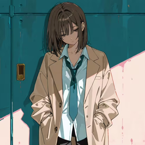 Une illustration de style manga représentant une jeune femme aux cheveux courts et bruns, portant un manteau beige par-dessus une chemise blanche et une cravate dénouée. Elle est debout, les mains dans les poches, adossée à un mur de couleur turquoise, et regarde vers le bas avec une expression mélancolique.