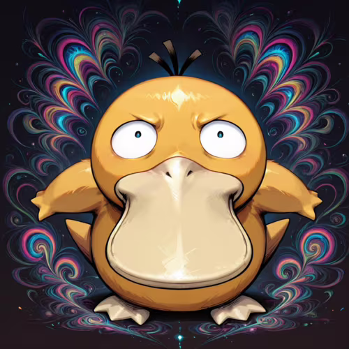 Le Pokémon Psyduck est au centre de l’image, avec une expression confuse et stressée, les yeux grands ouverts et les sourcils froncés. Derrière lui, un fond sombre est illuminé par un motif psychédélique symétrique, composé de couleurs vives et tourbillonnantes, dans les tons rose, bleu, jaune et vert.