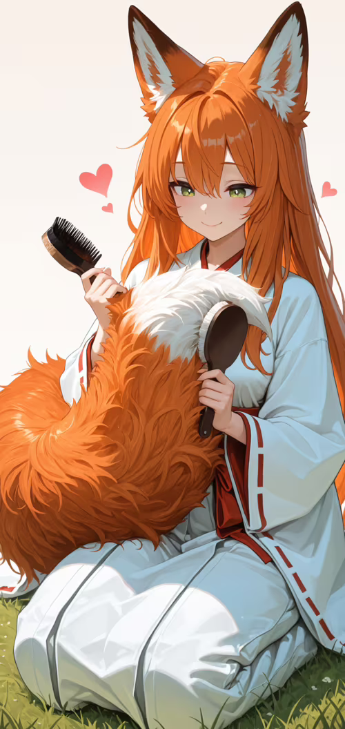 Une jeune fille renarde de style manga, avec de longs cheveux orange et des yeux...