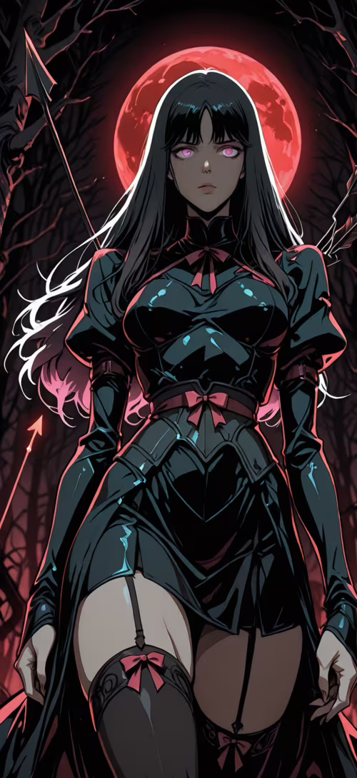 Une illustration de style manga représentant une femme aux longs cheveux noirs, aux...