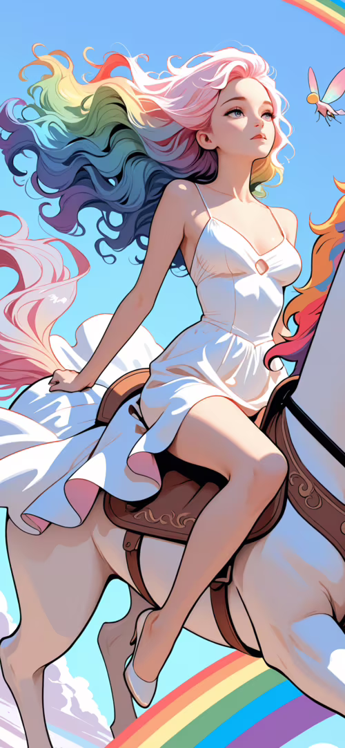 Une jeune femme aux cheveux multicolores et aux grandes ailes colorées chevauche... Huawei Nova 3i