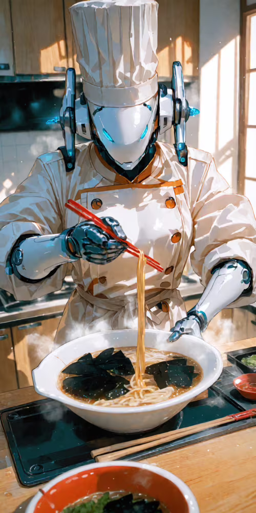 Un robot blanc et futuriste, vêtu d’un uniforme de chef complet, y compris un grand... Xiaomi Mi A2