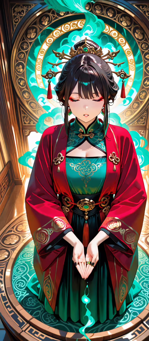 Une femme au style manga, vêtue d’une robe traditionnelle chinoise rouge et verte,... Redmi 10C