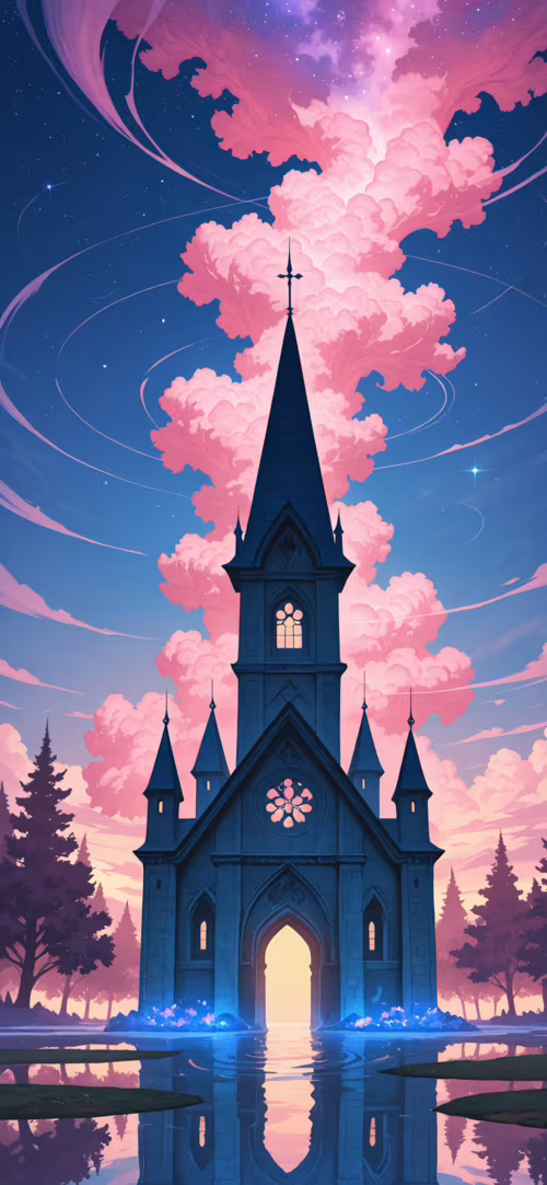 Une illustration numérique fantastique représentant une cathédrale gothique sombre,...