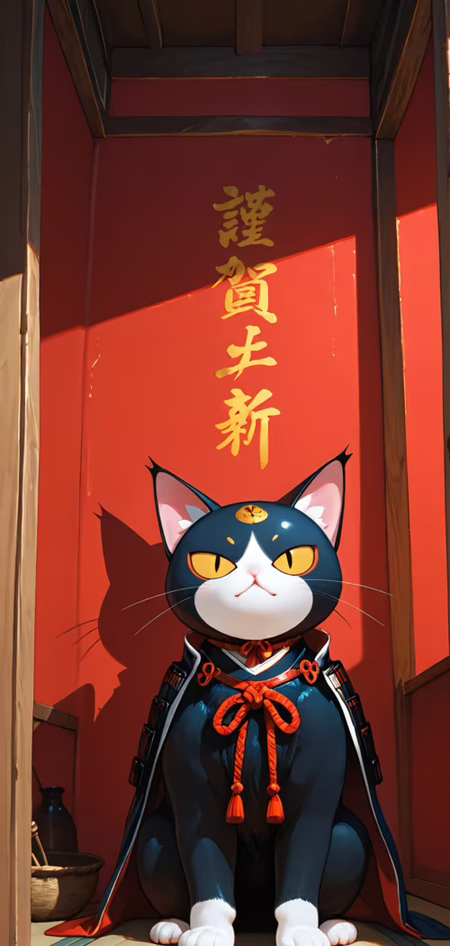 Une illustration de style manga représentant un chat en smoking noir et blanc, assis... LG W10