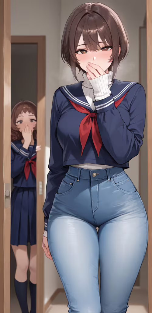 Une jeune fille au style manga, avec de courts cheveux bruns, porte un pull en tricot... Samsung Galaxy A6