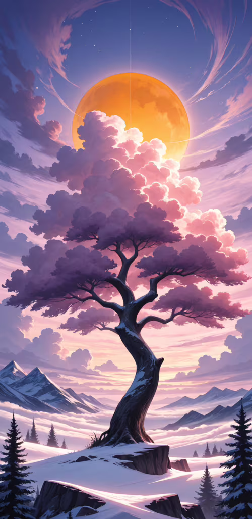 Un majestueux pin, se détachant sur le ciel flamboyant d’un coucher de soleil aux...