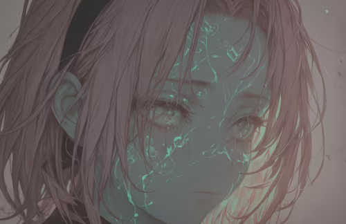 Un portrait artistique de Sakura Haruno, issue de l’univers de Naruto, avec des cheveux...