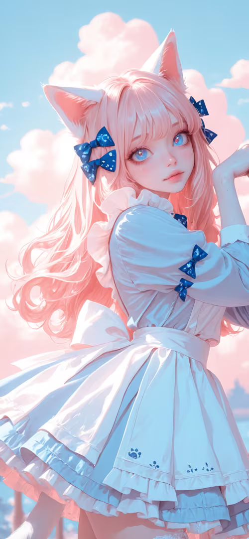 Une jeune fille d’anime aux longs cheveux roses, aux yeux bleus et aux oreilles et...