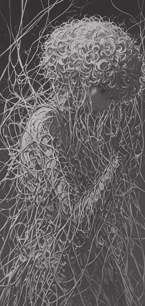 Une illustration en noir et blanc, très détaillée, représentant une femme de profil....