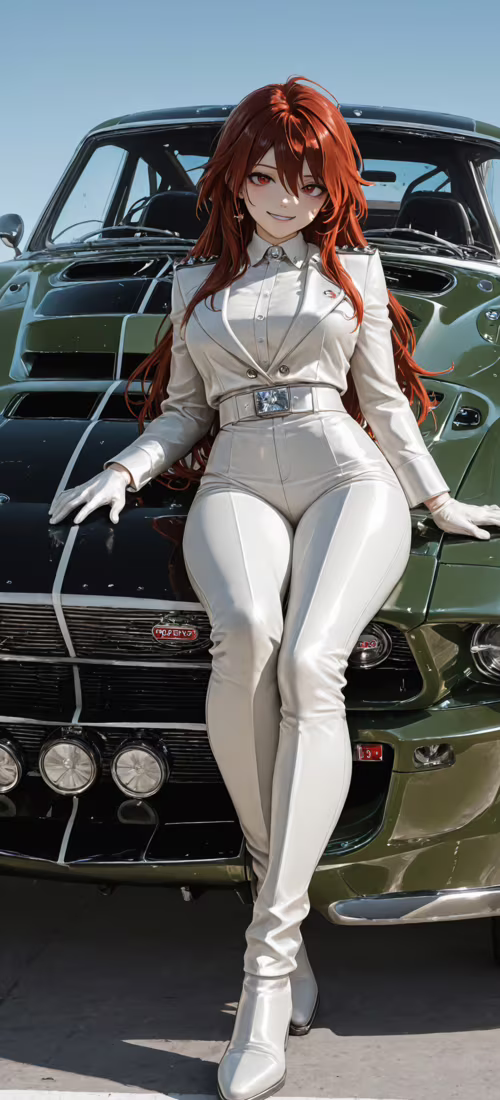 Vue de face d’une Ford Mustang ancienne, fortement modifiée, de couleur vert foncé,...