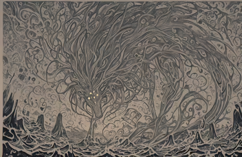 Une peinture abstraite sur fond sombre, recouverte d’un réseau dense et complexe...