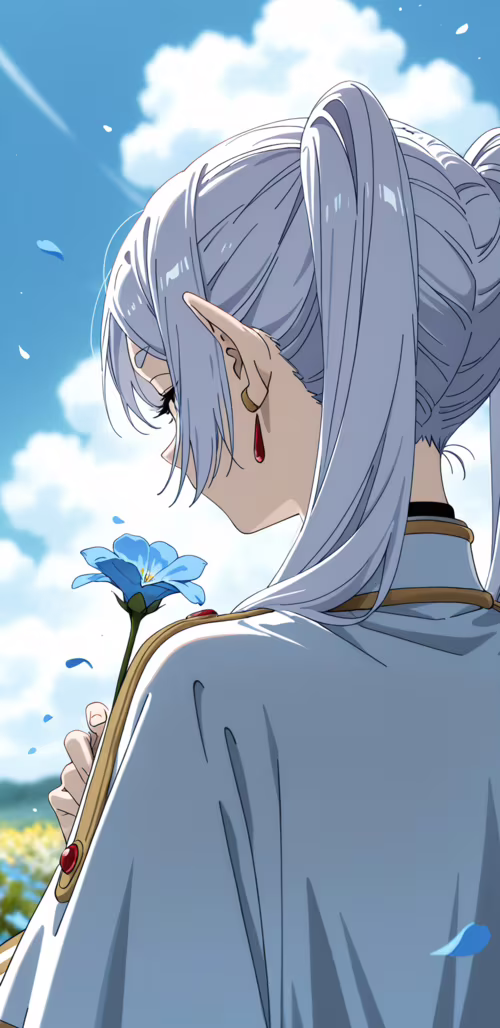 Une illustration d’anime représentant Frieren, une elfe, vue de dos, avec ses longs...