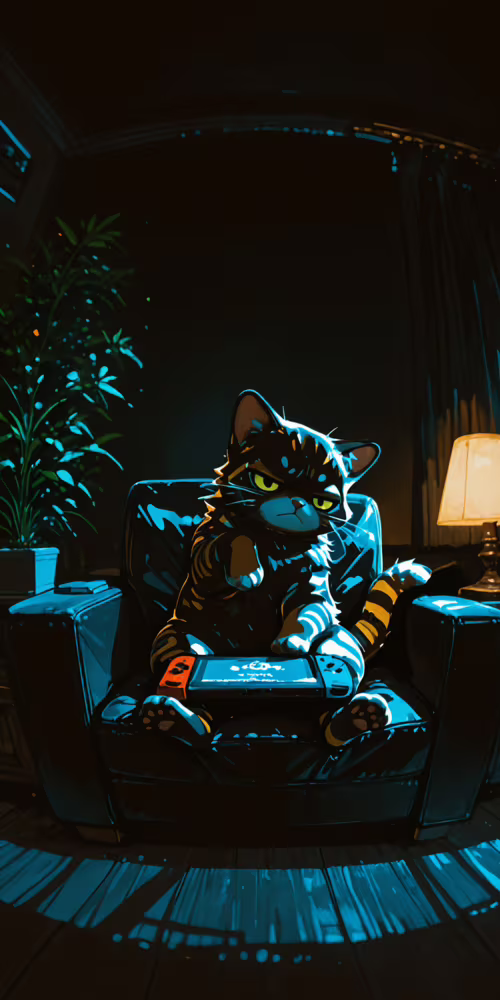 Un chat tigré roux, au visage renfrogné, est assis dans un fauteuil noir, dans une... Xiaomi Mi A2