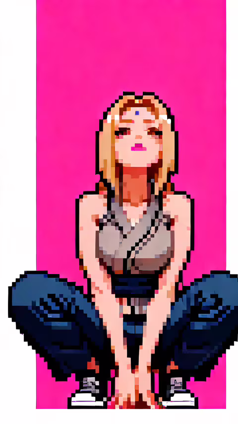 Une illustration en pixel art représentant Tsunade, personnage de Naruto, accroupie...