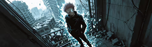 Ryomen Sukuna, personnage de Jujutsu Kaisen, se tient dans une ville en ruines, et...