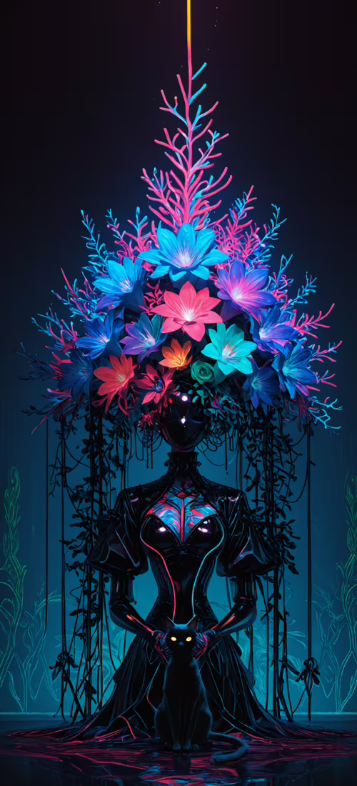 Un chat noir se tient sur un sol néon aux motifs colorés, devant un grand vase contenant...