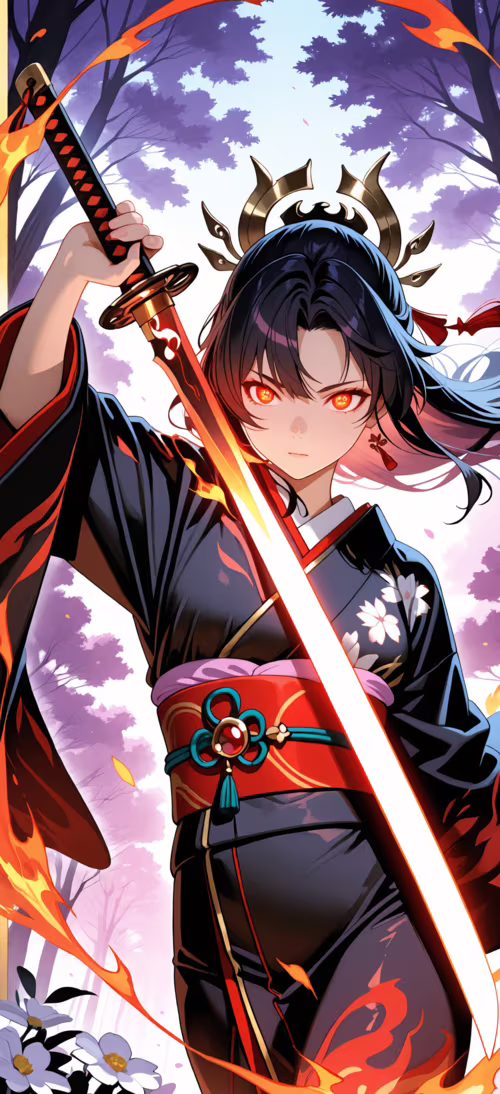 Une guerrière de style manga, avec de longs cheveux noirs, un couvre-chef noir hérissé... Honor Magic6 Pro