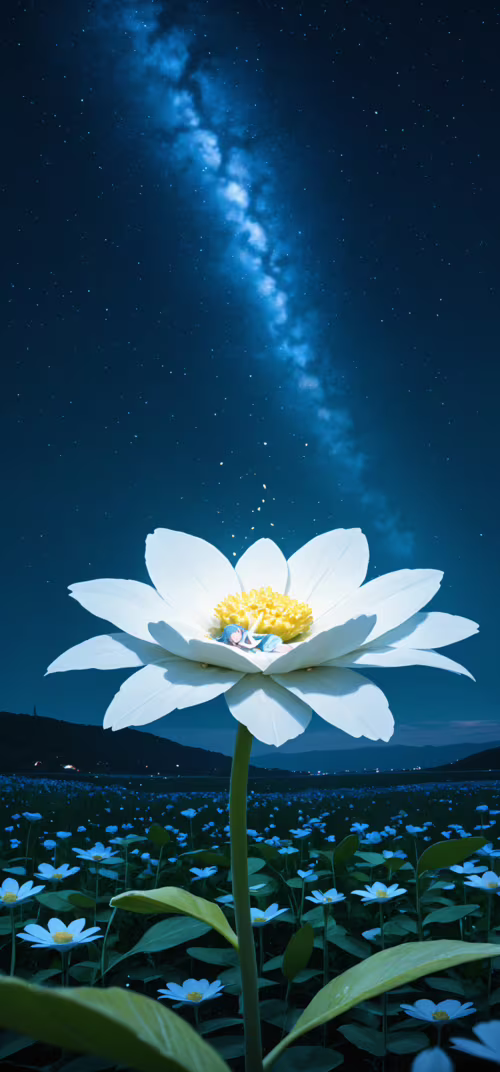 Une petite fille aux cheveux noirs dort profondément au centre d’une immense fleur... Vivo Y91C