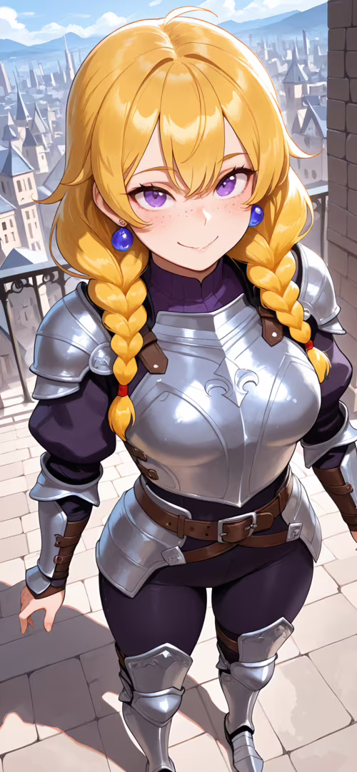 Une jeune femme chevalier, aux cheveux blonds tressés et aux yeux violets, vêtue... Xiaomi Redmi Note 8