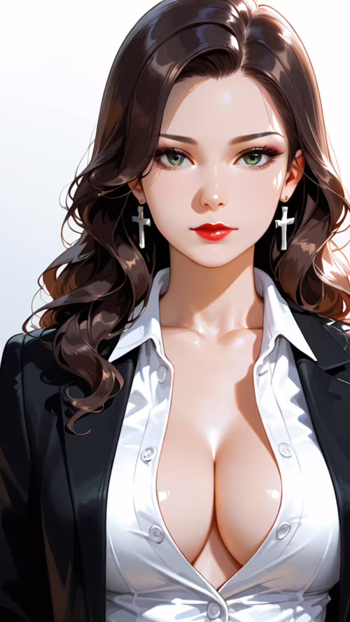 Une belle femme aux longs cheveux bruns, aux yeux verts et aux lèvres rouges, portant... Huawei Y3 2018