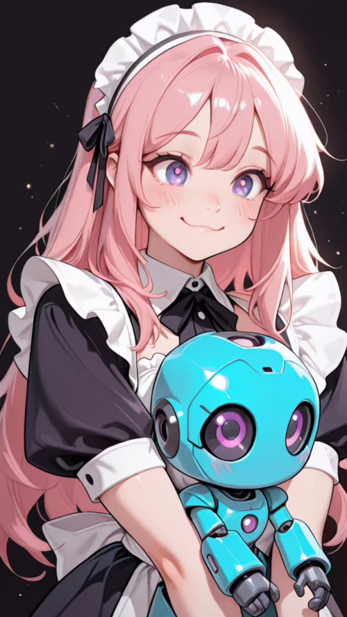 Un gros plan d’une jeune fille d’anime, vêtue d’un uniforme de servante, qui sourit,...