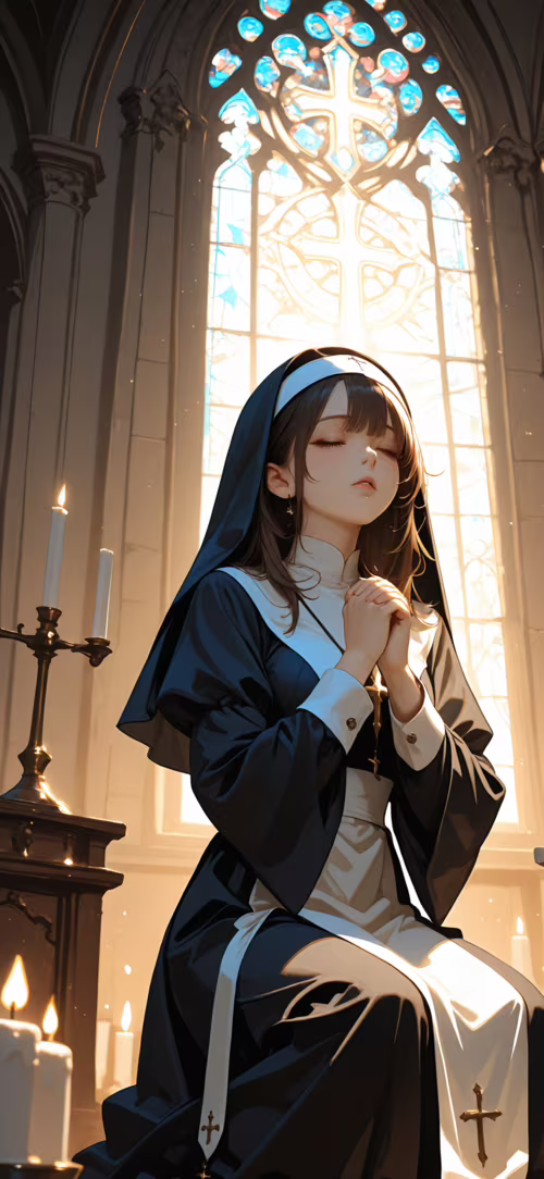 Une illustration de style manga représentant une jeune nonne aux cheveux blond foncé,... Oppo RX17 Pro