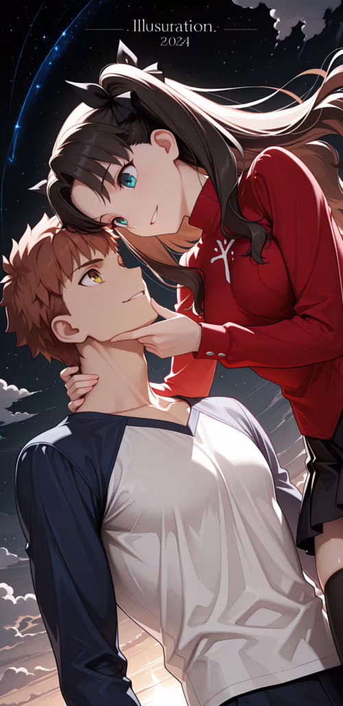 Une illustration d’anime représentant Tohsaka Rin et Emiya Shirou, tirée de Fate/stay... Samsung Galaxy A8 Star