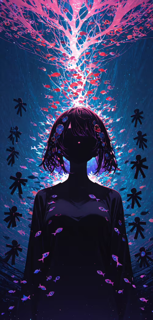 Une jeune fille au style manga, avec des cheveux foncés et des yeux jaunes lumineux,... LG K12 plus