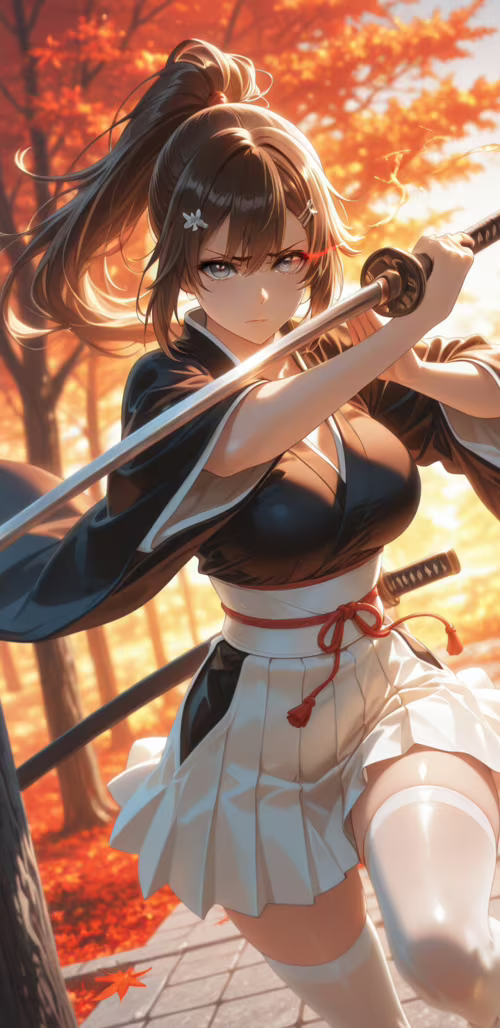 Une jeune fille d’anime aux longs cheveux bruns, attachés en queue de cheval, affiche... Samsung Galaxy A6