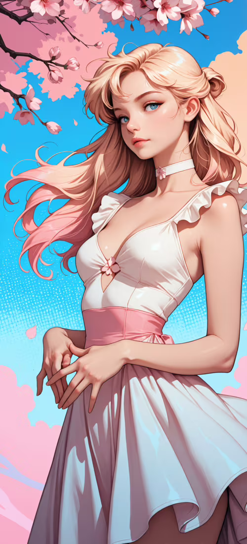 Une jeune femme aux longs cheveux blonds et roses et aux yeux bleus, vêtue d’une...