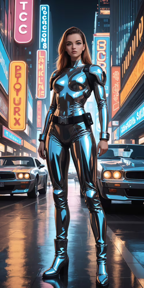 Illustration complète d’une femme vêtue d’une combinaison de combat futuriste noire...