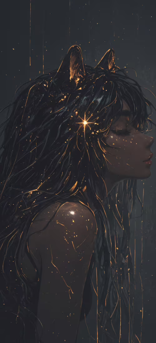 Une peinture numérique représentant une jeune femme sereine, aux longs cheveux noirs...