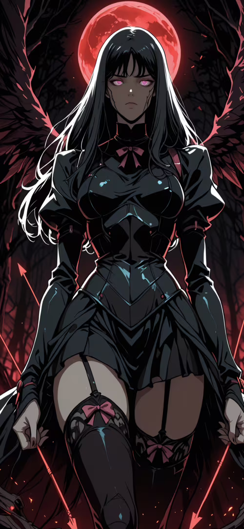 Une illustration de style manga représentant une femme aux longs cheveux noirs, aux...