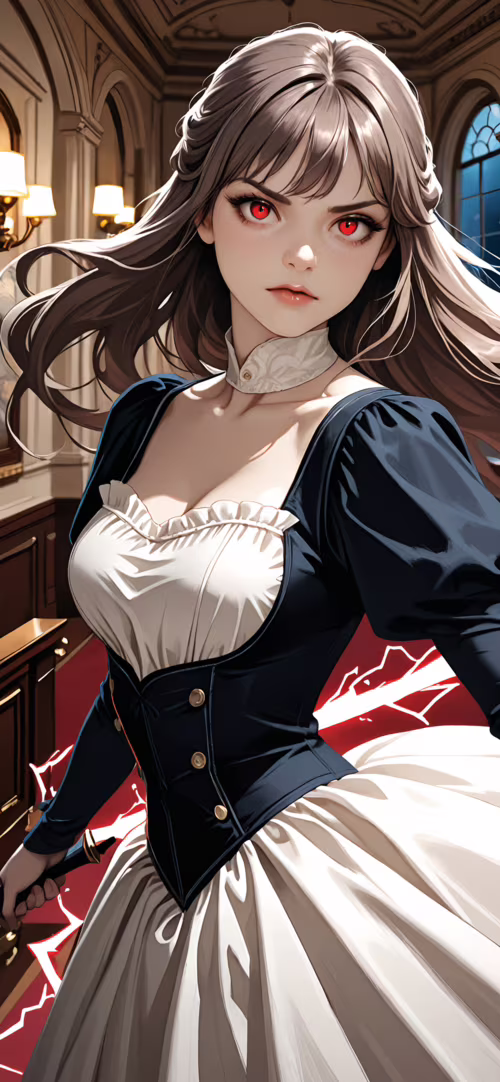 Une femme au style manga, avec de longs cheveux bruns et des yeux rouges perçants,... Huawei Nova 8