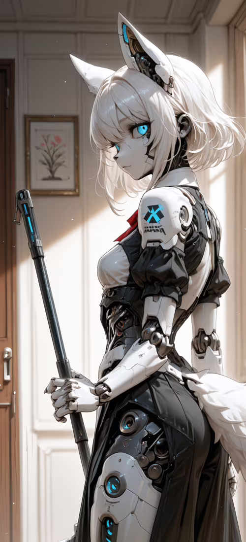 Une illustration numérique représentant une cyborg féminine aux cheveux blancs, aux...