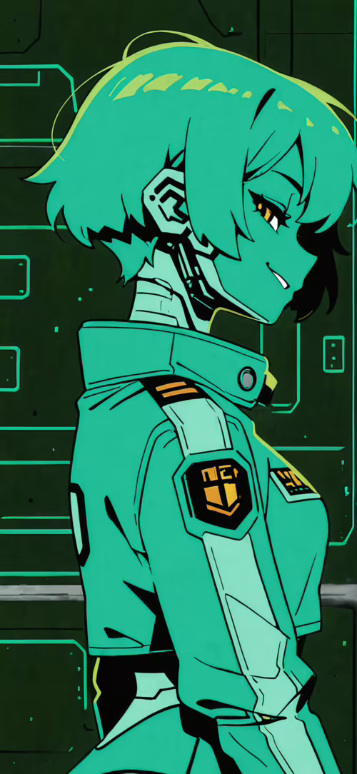 Une illustration de style manga représentant une cyborg féminine aux cheveux courts... Apple iPhone 15 Pro