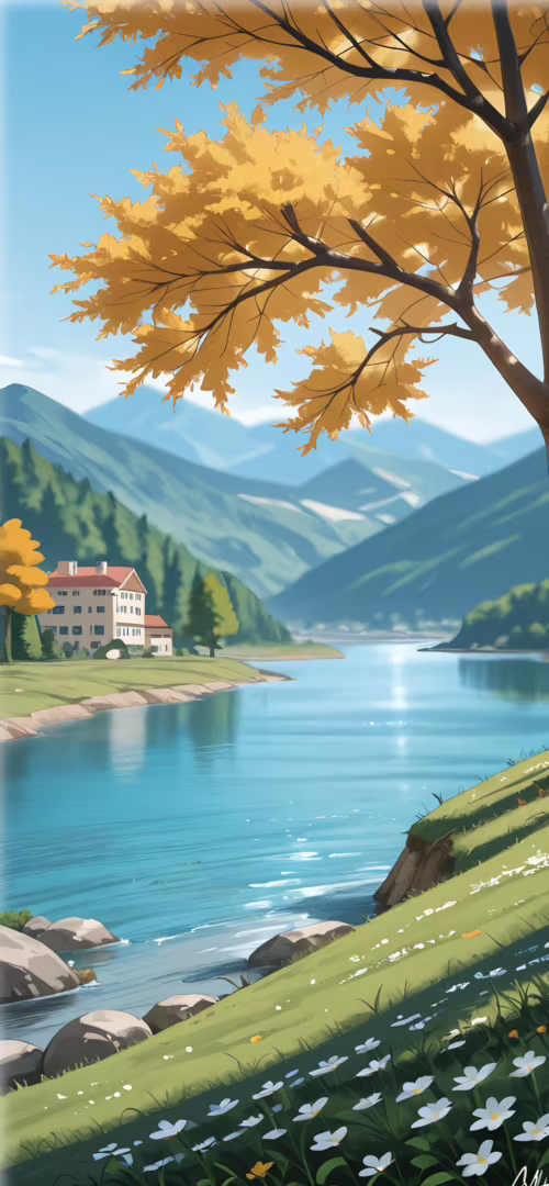 Une peinture numérique de style manga représentant un paysage paisible. Un grand...